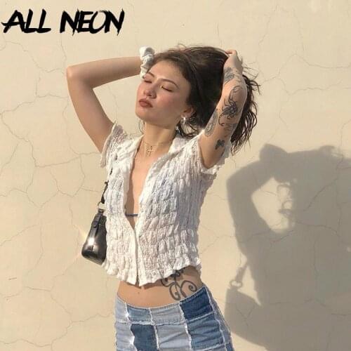 ALLNeon Y2K Streetwear Ruched Lace Crop Tops 2000s Vintage Ruffles Short Sleeve White T-shirts Single-breasted Sexy Outfits Chic