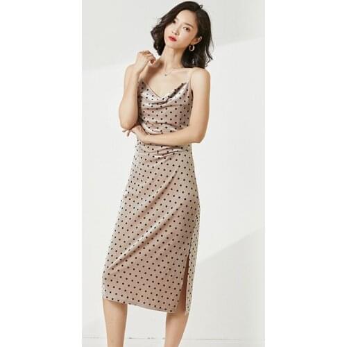 Spring Jumpsuit Group Fashion Sexy Split End Pencil Skirt Velvet Wave Dots Thin High Waist Dress Sexy Suspender Skirt Mid-length