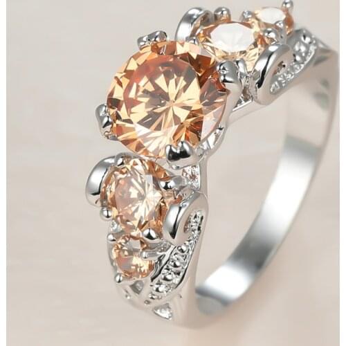 Vintage Female Champagne Crystal Stone Ring Charm Silver Color Wedding Rings For Women Cute Bride Round Zircon Engagement Ring