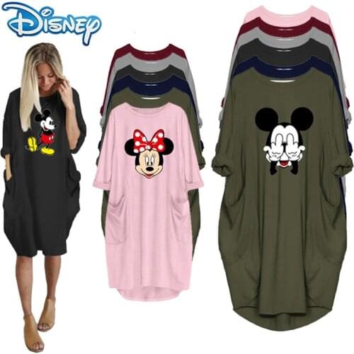 Disney Mickey Minnie Mouse T-shirt Dress Women Irregular Cartoon Pattern Casual O-Neck Long T-shirts Summer Plus Size S-5XL Tops