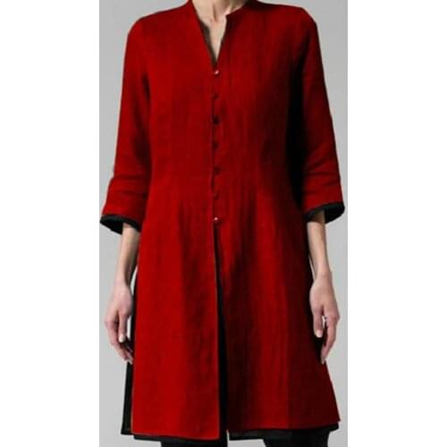 Women Vintage 3/4 Sleeve Single-breasted Irregular Hem Tunic Top Long Shirt