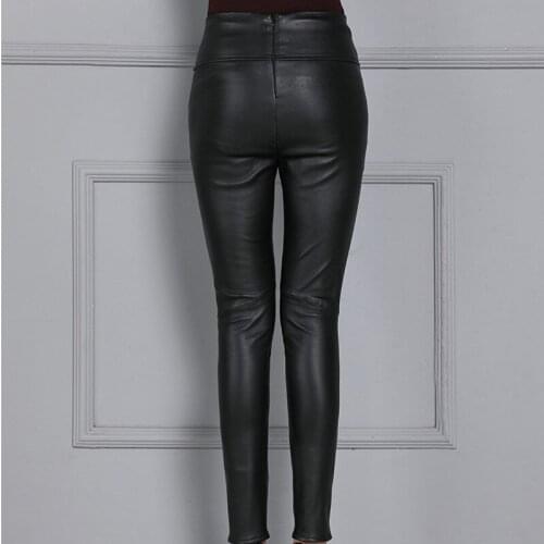 Genuine Leather Trousers Women Slim Stretch High Waist Leather Pants Autumn Winter Plus Size Zip Office Sheepskin Ladies Pants
