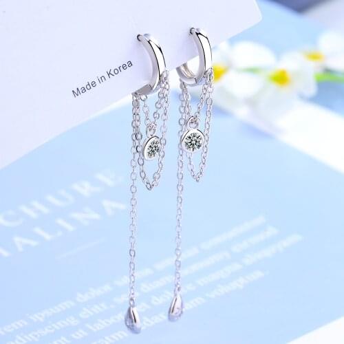 Fashion Long Tassel Hoop Earrings For Women 925 Sterling Silver Bling Glitter Cubic Zirconia Korean Simple Jewelry Accessories