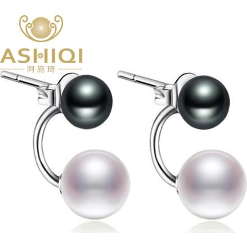 ASHIQI Real 925 sterling silver Natural Freshwater Double Pearl Earrings For Women fashion wedding Jewelry