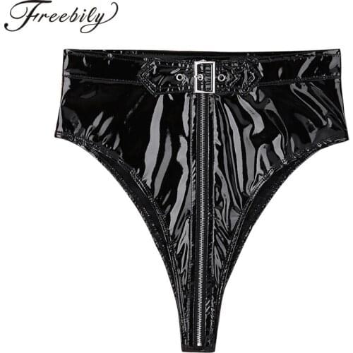 Women Lingerie Sexy Panties Wetlook PVC High Cut Zippered with Belt Briefs Underwear Underpants Ladies Fashion gothic Clubwear