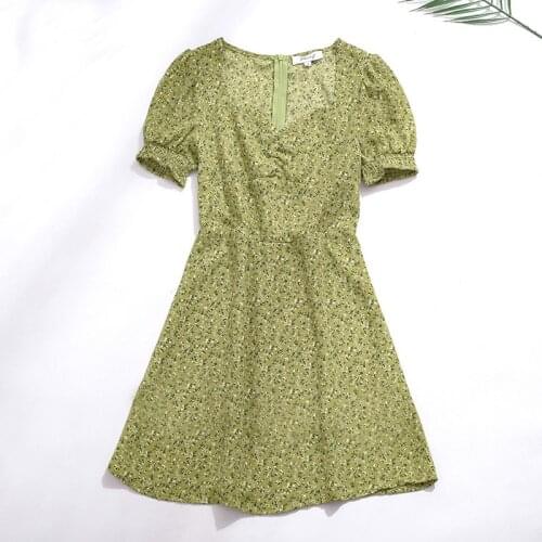 Good Quality Square Short Puff Sleeve Print Dress Women Summer 2021 Fashion Knee Length Chiffon Vestidos Slim Floral Dresses