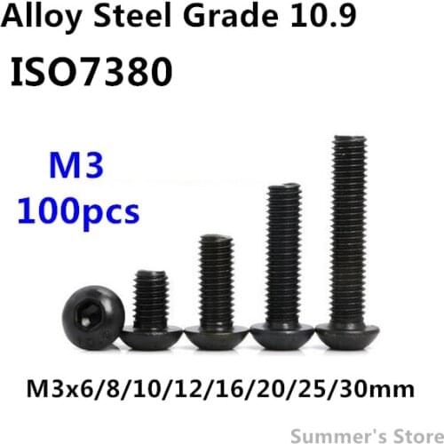 100pcs/lot ISO7380 M3 Alloy Steel Hex Socket Button Head Cap Screw M3*6/8/10/12/16/20/25/30mm M3 black mushroom head screw