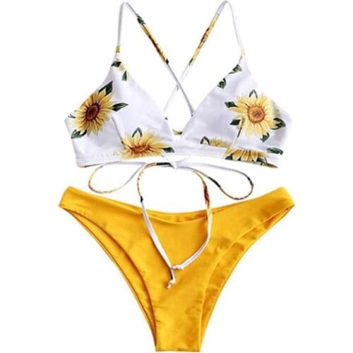 2021 Sunflower Printed Bikini Set Sexy Swimwear Women 2020 Mujer Push Up Padded Biquini Bathers Bandage Bathing Suit Swimsuit