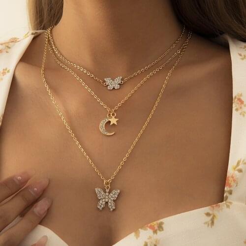 2021 New Bohemia Crystal Butterfly Pedant Necklace for Women Luxury Rhinestone Moon Star Choker Necklace Charms Jewelry Collar