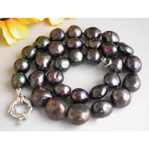 Huge Pearl Jewellery,17inches 10-15mm Black Baroque Freshwater Cultured Pearl Necklace,Perfect Women Gift Birthday Jewelry