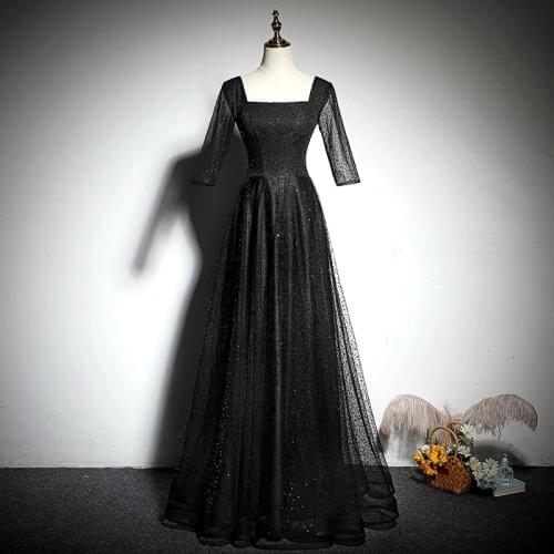 Black Square Collar Evening Dress Simple Sequins A-Line Fashion Floor-Length Half Sleeves New Party Formal Dresses Woman B1082