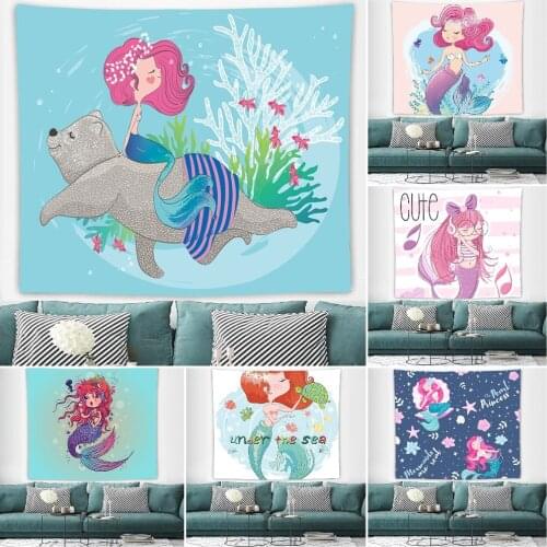 Mermaid Tapestry Art Tapestry Wall Hanging Cartoon Tapestries Polyester Bedspread Picnic Blanket Hippie Wall Art Tapestry