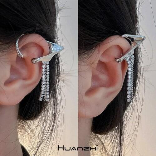 HUANZHI 2021 New Silver Color Elves Copper Tassel Zircon Ear Clip Crystals Metal Earring For Women Girls Jewelry Party Gifts