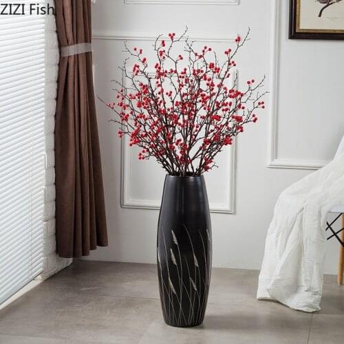 Chinese Classic Ceramics Vases Reed Pattern Large Floor Vase Living Room Flower Arrangement Black Porcelain Crafts Home Decor