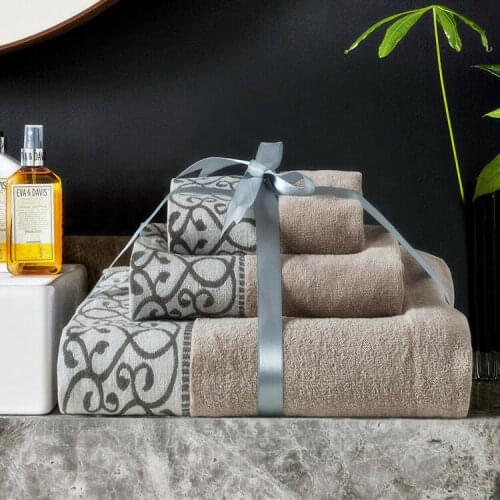 3Pcs Set Pure Cotton Gray Elegant Pattern Luxury Towel Face Hand Bath Towels European Elegant Pattern Cotton Bath Towel