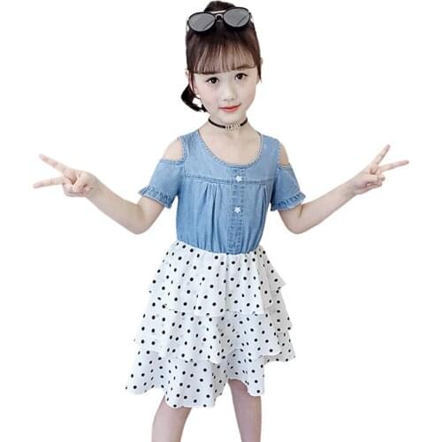 Girl Summer Dress Dot Pattern Dress For Girls Patchwork Children Denim Dress Tiered Childrens Costumes For Girls