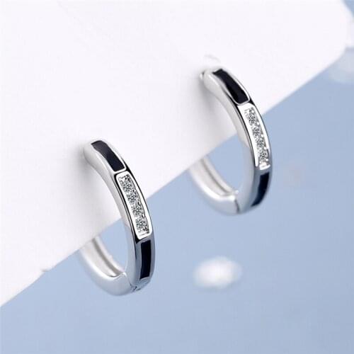 Trendy Silver 925 Sterling Earrings Women Men Jewelry Shiny Zircon Black Hoops Male Ear Accessories 2021 Popular Christmas Gift