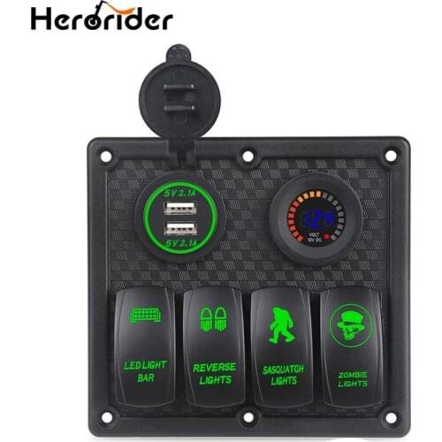 Marine Boat Switch Panel 4 Gang with Voltmeter Socket 4.2A Dual USB Charger Car LED light On/Off Rocker Switch Panel Car Boat