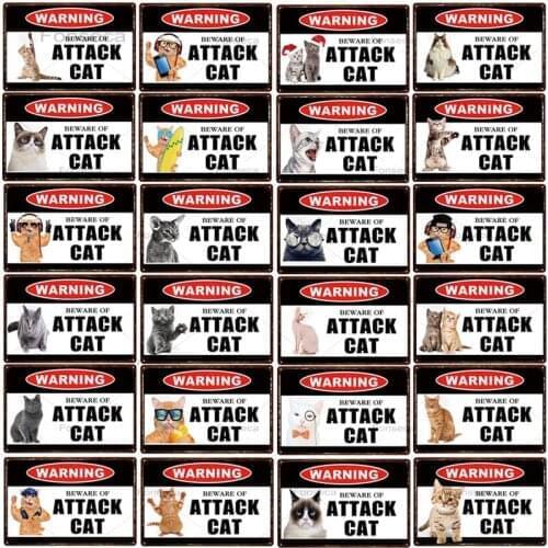 Warning Pet Signs Metal Beware Of Attack Cat Tin Poster Vintage Animal Plate For Wall Art Retro Home Room Decoration 30X20CM