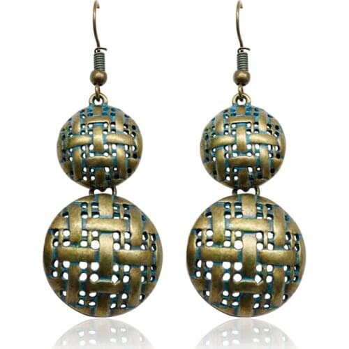 Ancient Hollowed Disc Bronze Green Geometric Earrings Carved Pattern Ethnic Minority Earrings Female Temperament Earrings
