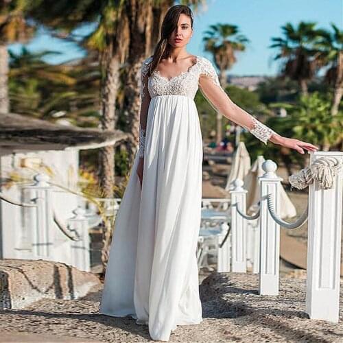Junoesque Chiffon V-neck Neckline A-line Long Sleeves Wedding Dresses Empire Waistline Pregnancy Bridal Dress