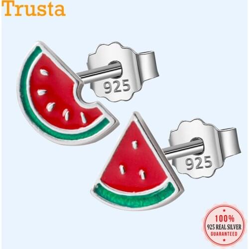Trusta 100% 925 Real Sterling Silver Jewelry Fashion Tiny Asymmetric Summer Watermelon Stud Earrings For Daughter Girls DS572