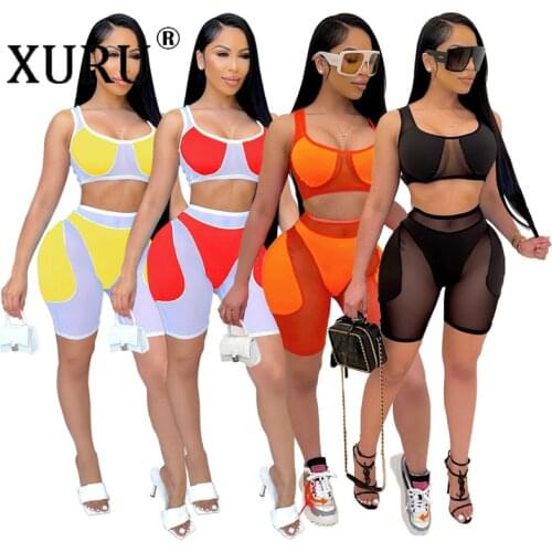 XURU Sexy Mesh Stitching Two-piece Jumpsuit European and American New Womens Sports Jumpsuit