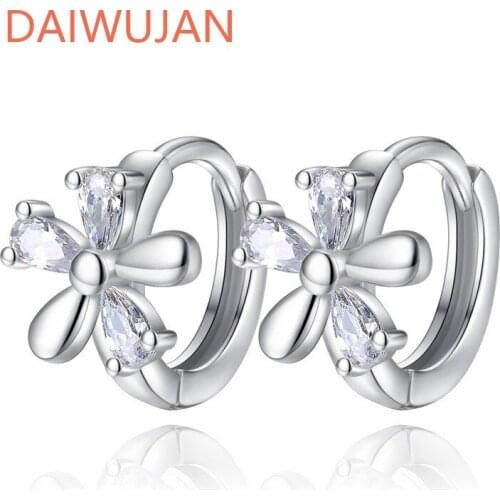 DAIWUJAN Sweet 925 Sterling Silver Zircon Flower Small Hoop Earrings For Women Chrysanthemum Crystal Ear Accessories Birthday