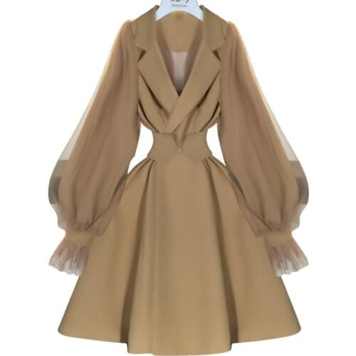 Women Trench Coat Mesh stitching Patchwork Lantern Sleeve Vintage office lady Khaki windbreak