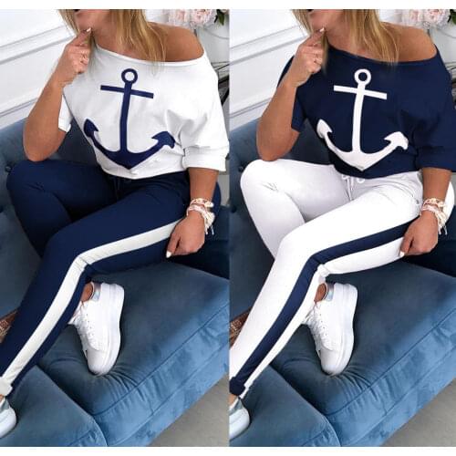 Womens Two-piece Matching Sets Short-sleeved T-shirt Navy Sports Suit Anchor Print Two Piece Set Top and Pants Sweatsuits