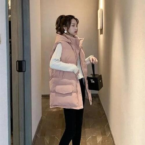 Womens Winter Cotton Vests Jacket Hooded Loose Mid-Length Warm Sleeveless Outwear Clothing Thicken Casual Large-Size Waistcoat