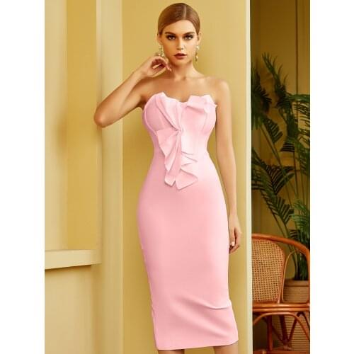Adyce 2021 New Summer Women White Sleeveless Bandage Dress Sexy Strapless Ruffles Pink Midi Club Celebrity Runway Party Dresses