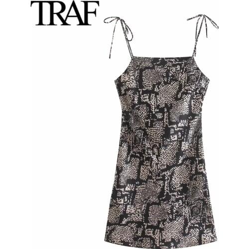 Traf Za Women Clothing 2021 Summer Chic Bowknot Sleeveless Dress Evening Sexy Party Mini Dresses Short Prom Animal Print Dress
