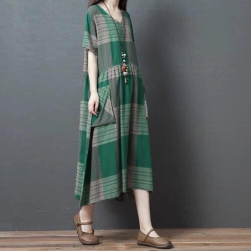 Plus Size Casual Dresses For Women 2019 Summer Cotton Linen V Neck Loose Dress Midi Long Harajuku Robe Vintage Femme AA4928