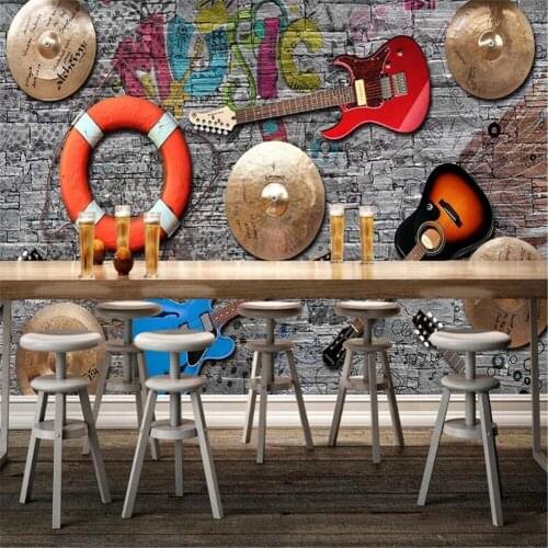 Milofi custom 3D wall decoration mural wallpaper European music fashion trend bar KTV guitar stone wall brick background wall