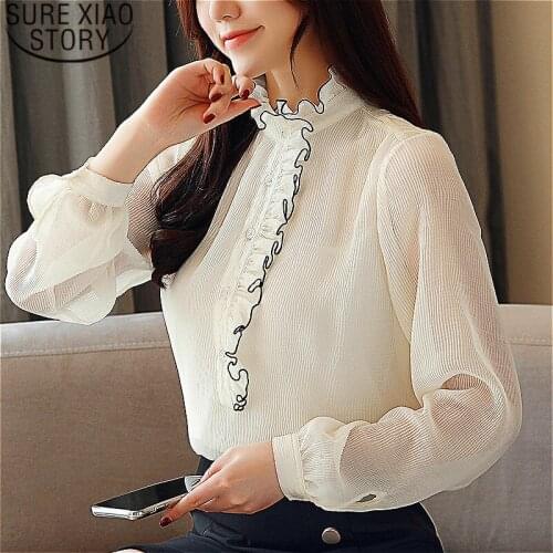Womens tops and blouses blusas mujer de moda 2021 Chiffon blouse Office Lady Solid Stand lantern Sleeve women blouses 1865 50
