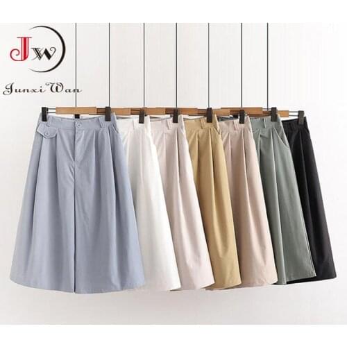 Women Summer Solid Wide Leg Short Pants Elastic Waist Loose Korean Casual Knee Length Shorts Skirts Girls Midi Trousers