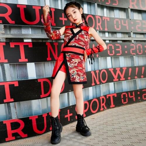 ChildrenS Day Jazz Performance Costumes Red Outfits Chinese Syle Hip Hop Modern Dance Clothes For Girls Stage Costumes DQS7509