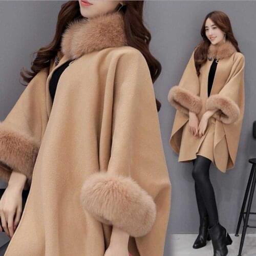 Elegant Round Faux Fur Coat Cape Autumn Winter Big Long Sawl Full Trim Patchwork Woolen Cloak Overcoat Parka 2021 WDC8415