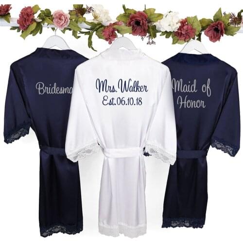 Customized Gold/Silver Letters Sexy Lace Bride Bathrobe Multi Colors Satin Robes for Women Wedding Bridesmaid Maid of Honor Gift