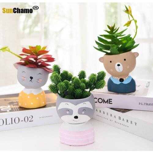 Ceramic Cute Animal Flower Pot With Cartoon Bear Fox Monkey Painted Succulents Plants Flower Vase Head Home Decoration