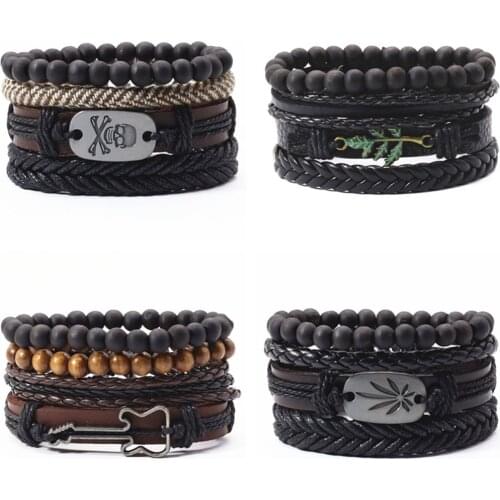 Fashion Guitar Maple Leaf Skull Multilayer Leather Men Bracelet Braided Femme Homme Bead Wrap Women Bracelets Jewelry