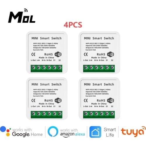 MOL 4PCS 16A Mini Smart Wifi DIY Switch Support 2 Way Control Smart Home Automation Module Works With Alexa Google Home