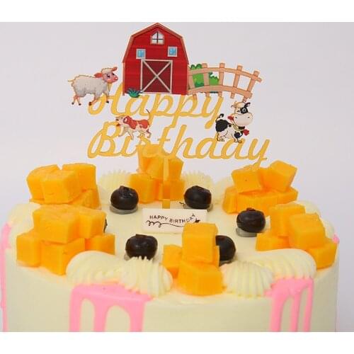 New Happy Farm Acrylic Color Printing Birthday Cake Toppers Farm Animal Baking Cake Toppers for Birthday Party Cake Decorations