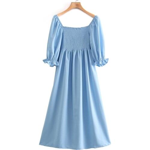 YENKYE Summer Women Light Blue Sexy Square Neck Dress Female Puff Sleeve Holiday Casual Party Dress Ladies Midi Vestido