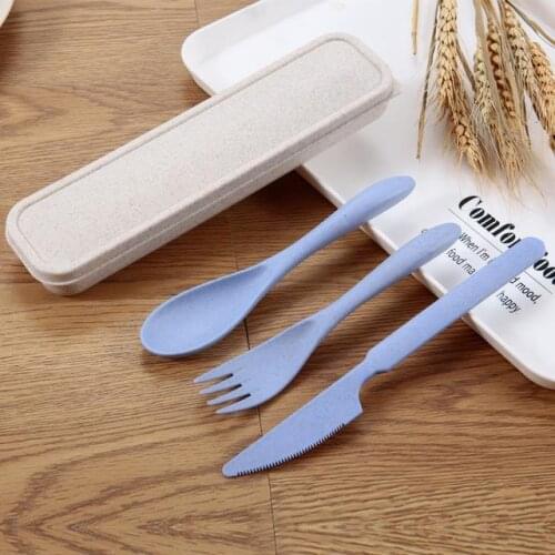 Portable Wheat Straw Knife Fork Spoon Cutlery Set Student Cutlery Box Outdoor Camping Lunch Bento Box Accessories Kitchen Tools