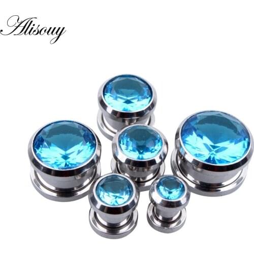 Alisouy 1 Pair Sea Blue Color beauty Crystal Ear expander Stainless Steel Screw ear plug 4-16 mm for cool men women best gift
