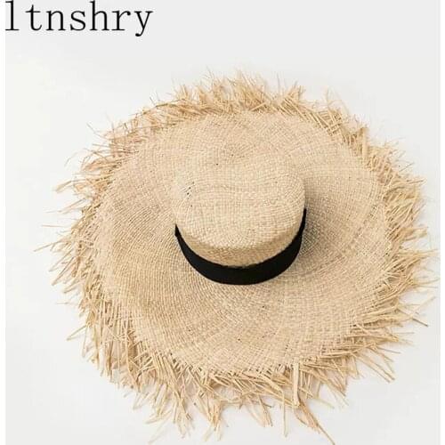 Raffia Hat Unisex Fringed Straw Hat Large Wide Brim Sun Hat Visor for women Man Band Beach Cap Summer UV Hat Visor Hat Foldable