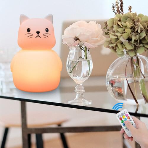 Mouse Cat LED Night Light Touch Remote Control 9 Colors Dimmable Timer USB Rechargeable Cartoon Silicone Lamp for Children Baby