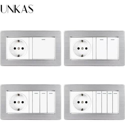 UNKAS EU Standard Wall Power Socket 146MM*86MM + 1 2 3 4 Gang 1 / 2 Way On / Off Light Switch Stainless Steel Panel Outlet
